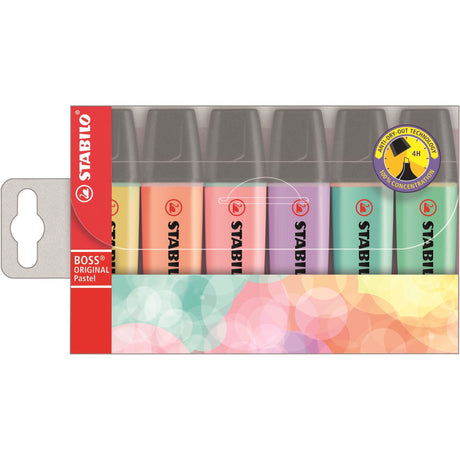 Stabilo Boss Highlighter Pastel Wallet 6 with 6 soft pastel colors, water-based ink, and versatile chisel tip for easy highlighting.