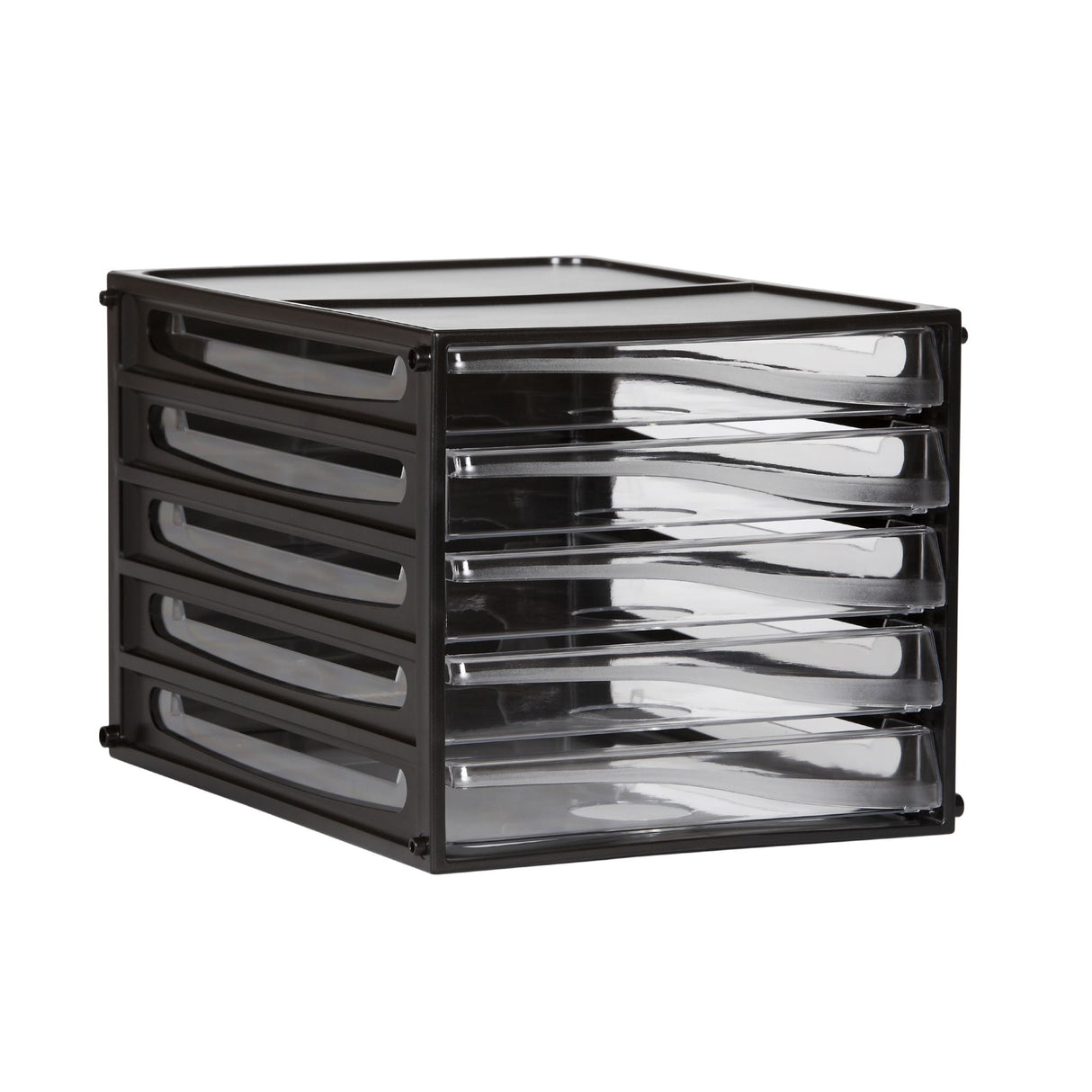 Esselte desktop filing drawers in black, featuring 5 spacious A4-sized drawers for organized document storage.