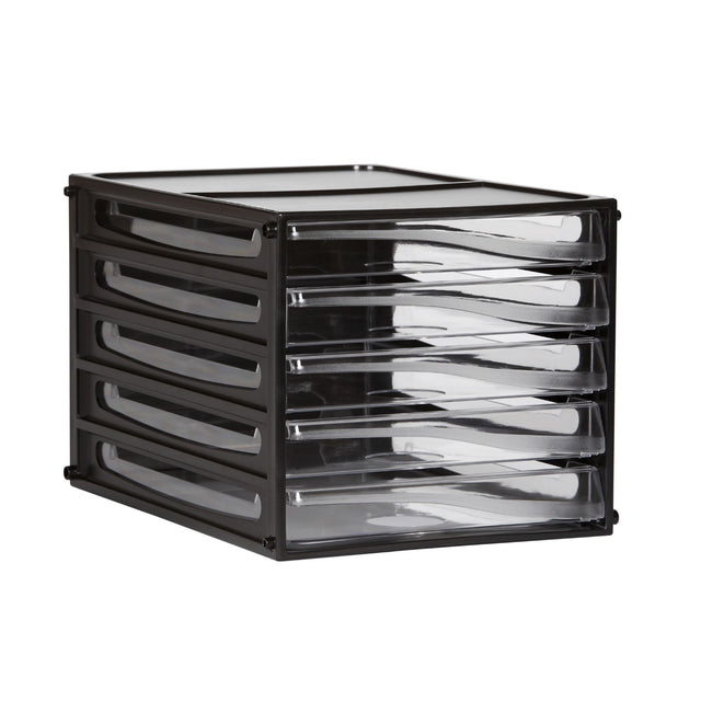 Esselte desktop filing drawers in black, featuring 5 spacious A4-sized drawers for organized document storage.
