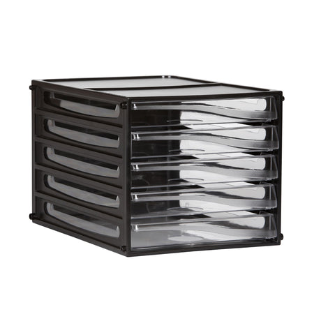 Black Esselte 5-drawer desktop filing cabinet designed for A4 documents, promoting organization and stackable storage.