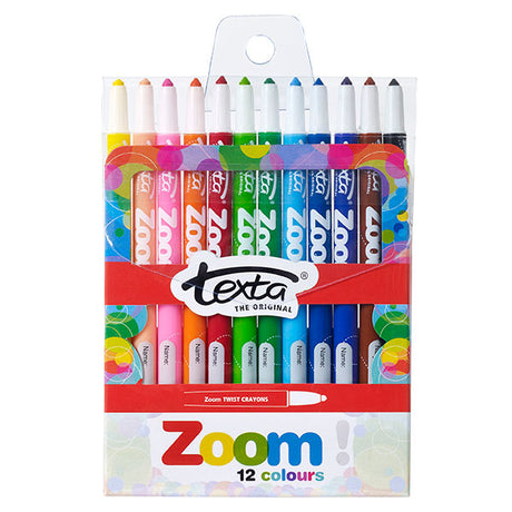 Texta Zoom Crayon Pack of 12 with twistable barrels, ideal for mess-free coloring and creativity for all ages.