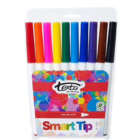 Texta Smart Tip Markers Pk10 with dual tips for thick and thin lines, vibrant colors, and quick-drying, washable ink.