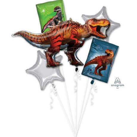 Colorful Jurassic World self-sealing foil balloon bouquet, featuring 5 vibrant designs for dinosaur-themed parties.