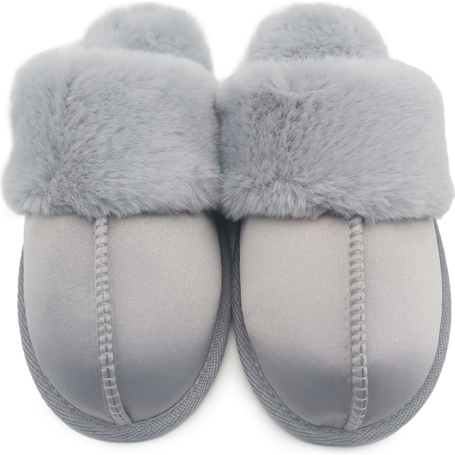 Satin Slippers Ladies Faux Fur Pink & Grey