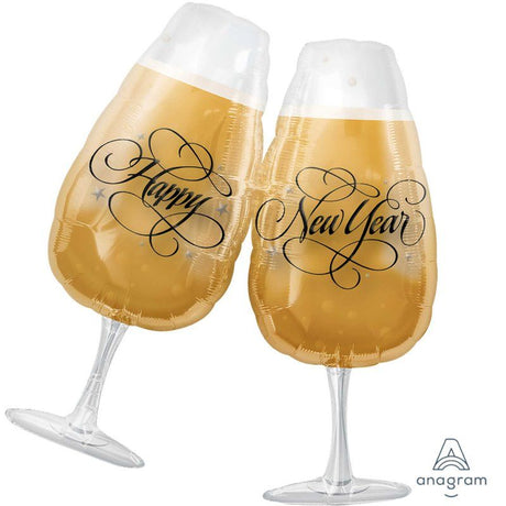 Supershape New Year's toasting glasses balloons, 69x76cm, perfect for festive celebrations and elegant décor.