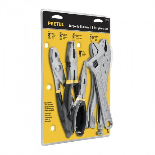 Pretul 5-piece toolset featuring pliers, a vice grip, and an adjustable wrench for versatile home repairs and crafting.