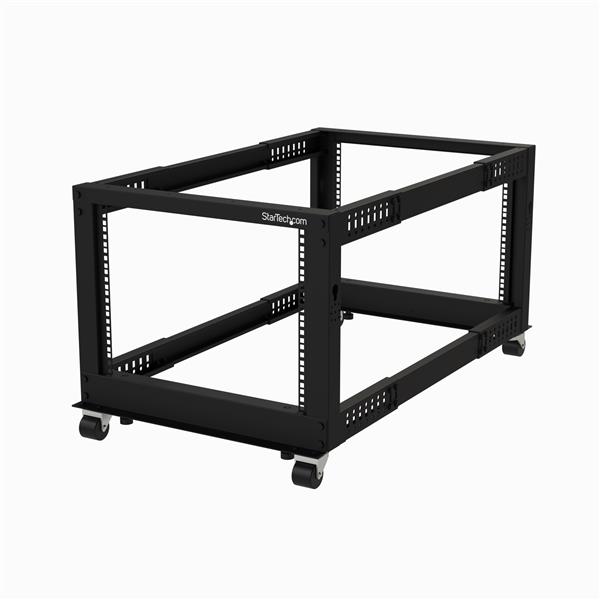 8U adjustable 4 post open frame rack with 1200 lb capacity, ideal for server storage and networking equipment.