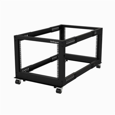 8U adjustable 4 post open frame rack with 1200 lb capacity, ideal for server storage and networking equipment.