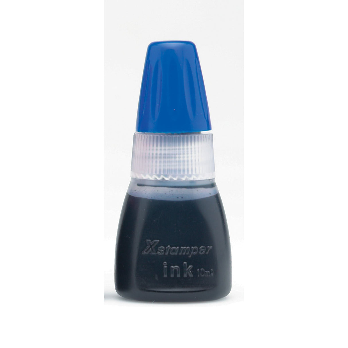 Xstamper blue refill ink 10cc for pre-inked stamps, ensuring sharp and clear impressions with a no-mess refill process.