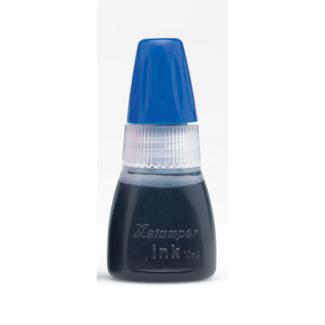 Xstamper blue refill ink 10cc for pre-inked stamps, ensuring sharp and clear impressions with a no-mess refill process.