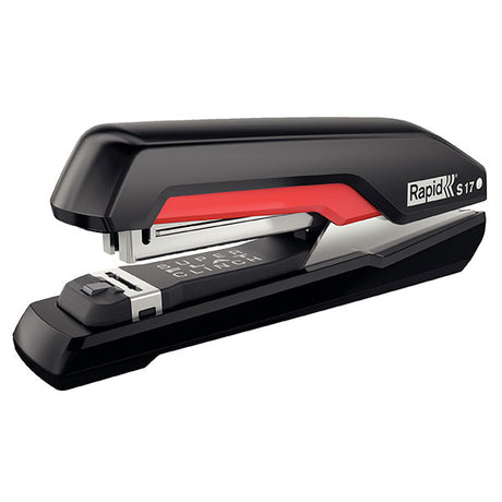 Rapid Stapler S17 in black and red, featuring SuperFlatClinch technology to reduce paper stacks and staple up to 30 sheets.