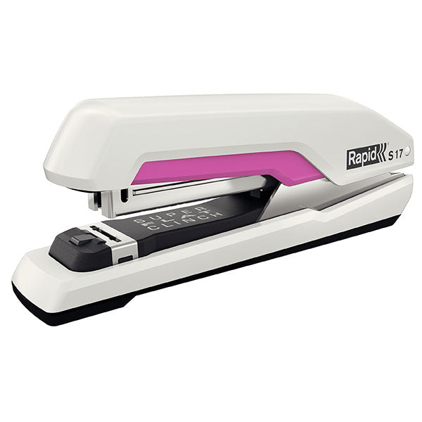 Stylish Rapid Stapler S17 in White/Pink with SuperFlatClinch technology, staples up to 30 sheets, and a low staple indicator.