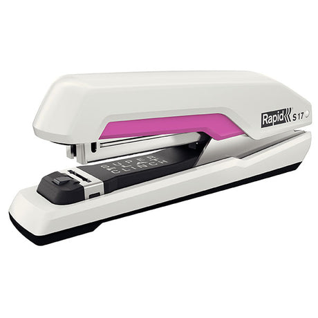 Stylish Rapid Stapler S17 in White/Pink with SuperFlatClinch technology, staples up to 30 sheets, and a low staple indicator.