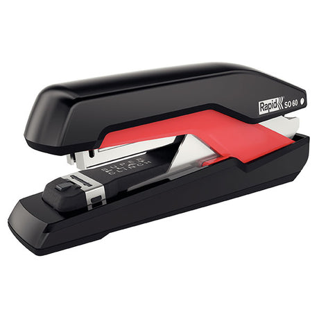 Rapid Stapler SO60 in black and red, featuring Omnipress technology for effortless stapling and SuperFlatClinch for minimal bulk.