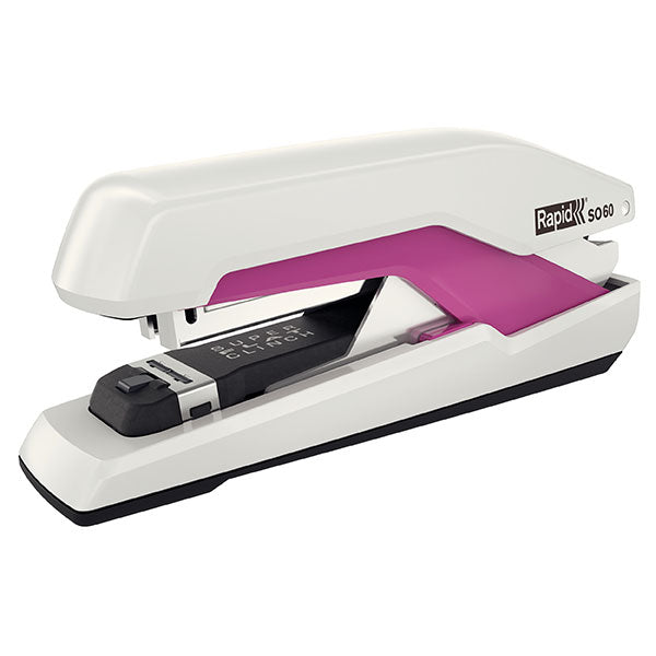 Rapid Stapler SO60 in White/Pink with Omnipress technology for effortless stapling of up to 60 sheets, featuring SuperFlatClinch design.