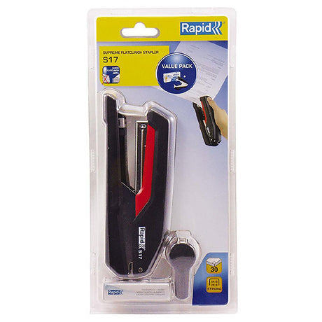 Rapid Stapler S17 in black and red with SuperFlatClinch technology, staples up to 30 sheets, includes staple remover and staples.