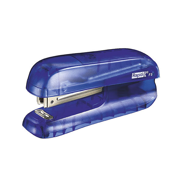 Portable blue Rapid Stapler F5 with integrated staple remover, staples up to 10 sheets, features two-strip loading.