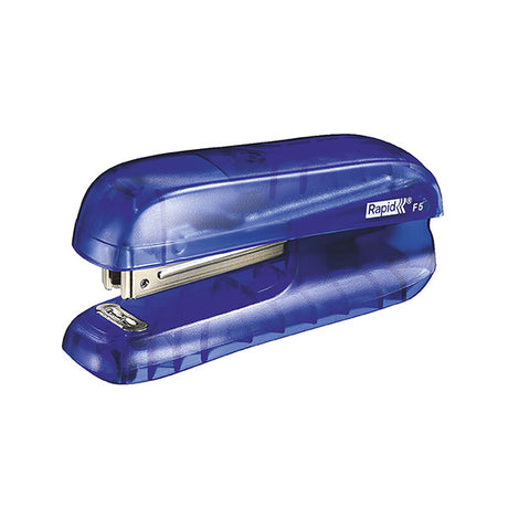 Portable blue Rapid Stapler F5 with integrated staple remover, staples up to 10 sheets, features two-strip loading.