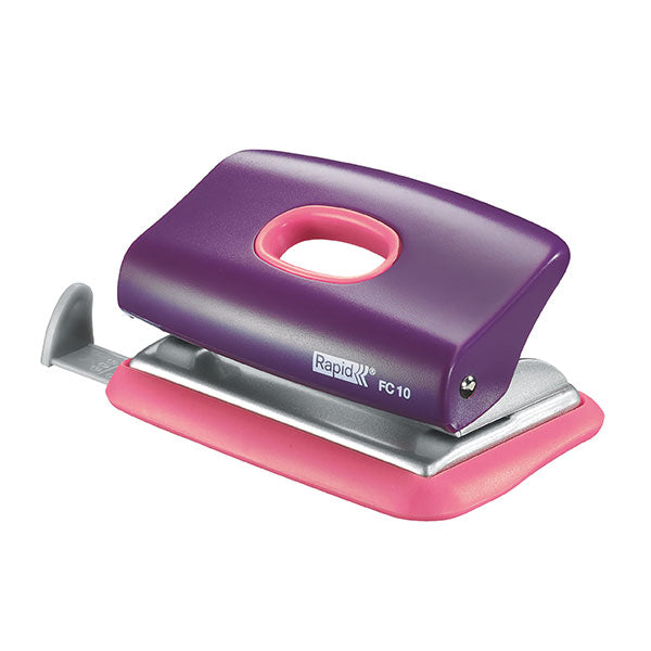 Compact Purp/Pink hole punch that efficiently punches up to 10 sheets, perfect for home and school use.