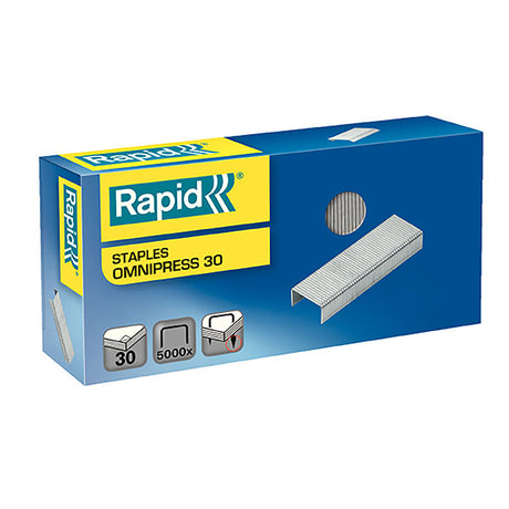 Box of 5000 Rapid Staples Omnipress 6mm designed for effortless stapling of up to 30 sheets, featuring sharp edges and strong wire.