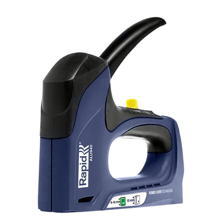 Rapid Tacker ALU940 staple gun with dual magazine, cast aluminum body, and 3-step force adjuster for versatile, efficient use.