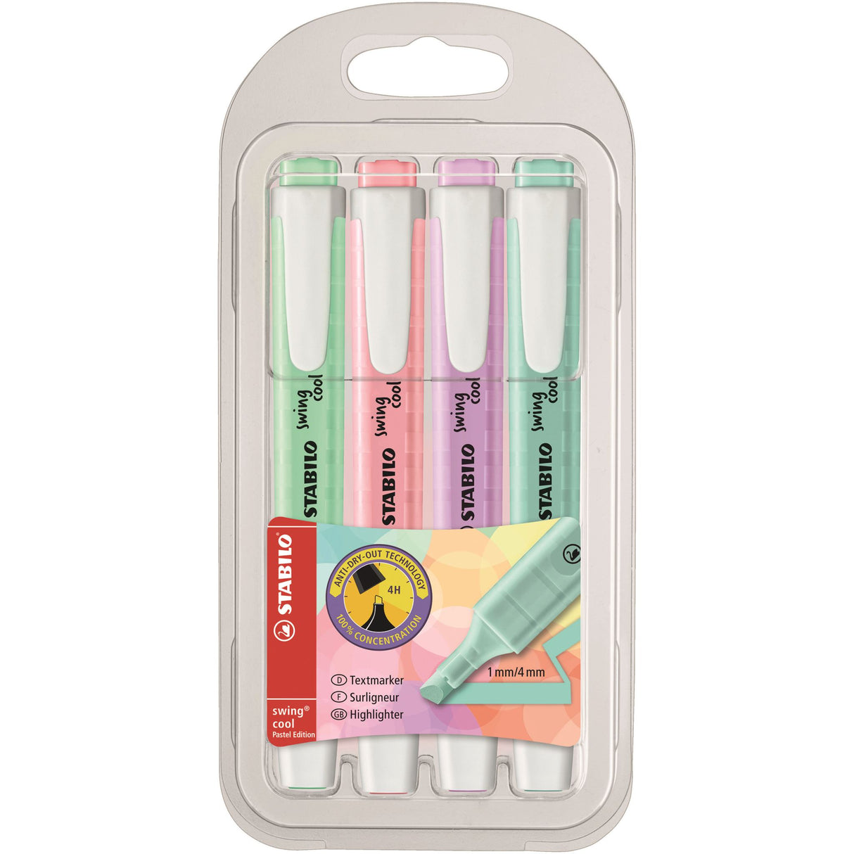 STABILO SWING COOL pastel highlighter set with 4 trendy colors, Anti-Dry-Out tech, and convenient clip for easy portability.