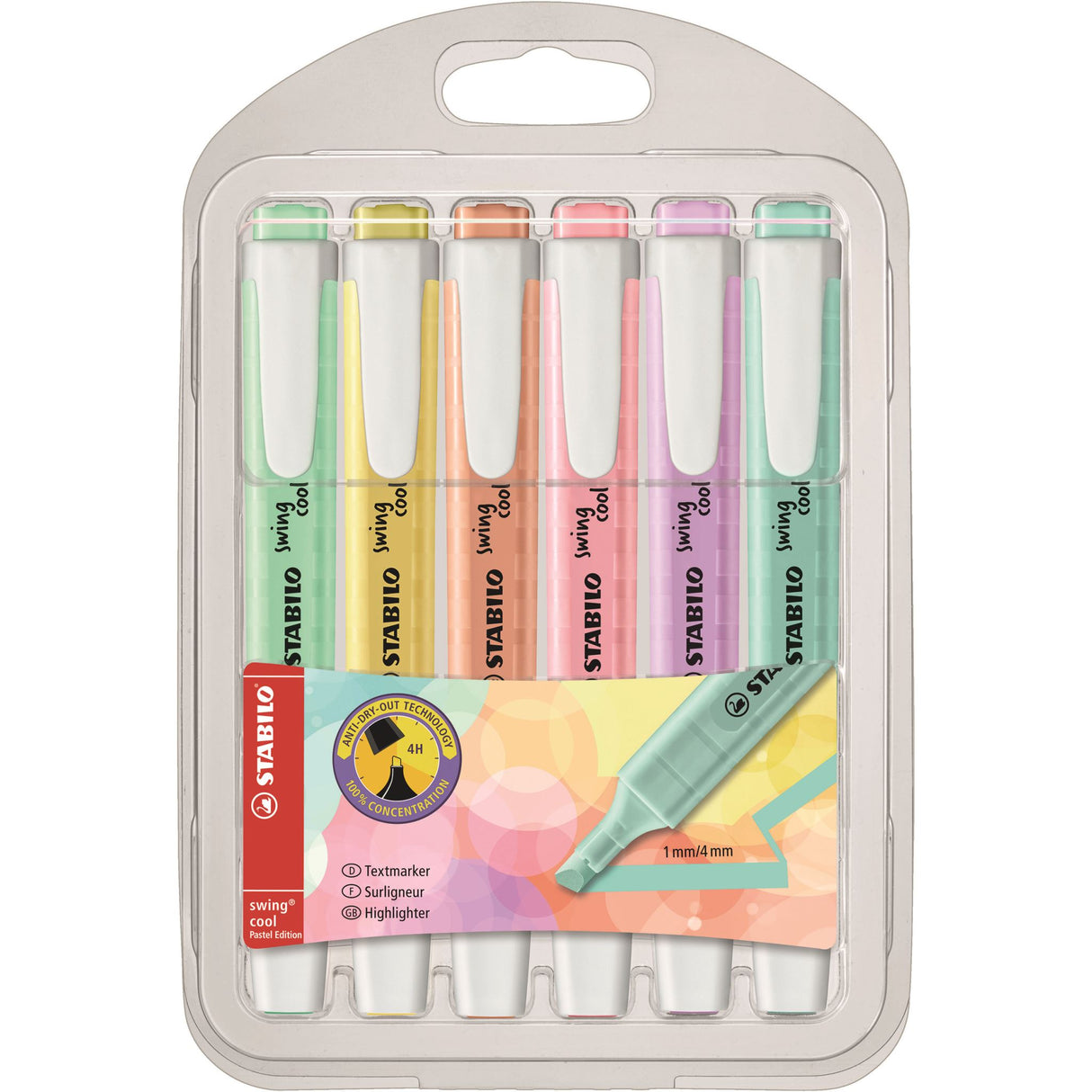 Sleek STABILO Swing Cool highlighter set in 6 trendy pastel colors with anti-dry-out technology for stylish organization.