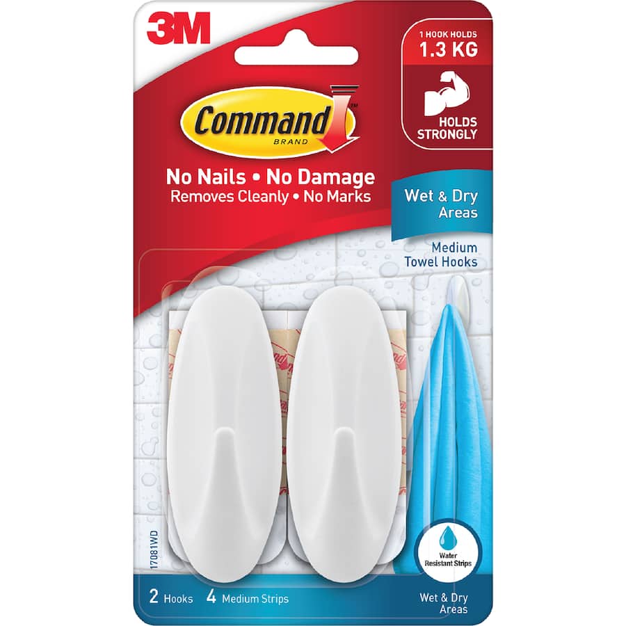 3m Command Adhesive Towel Hooks Wet & Dry Medium - 2pack