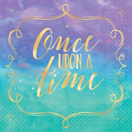 Set of 16 Disney Princess beverage napkins featuring charming hot stamped designs for enchanting party decor.