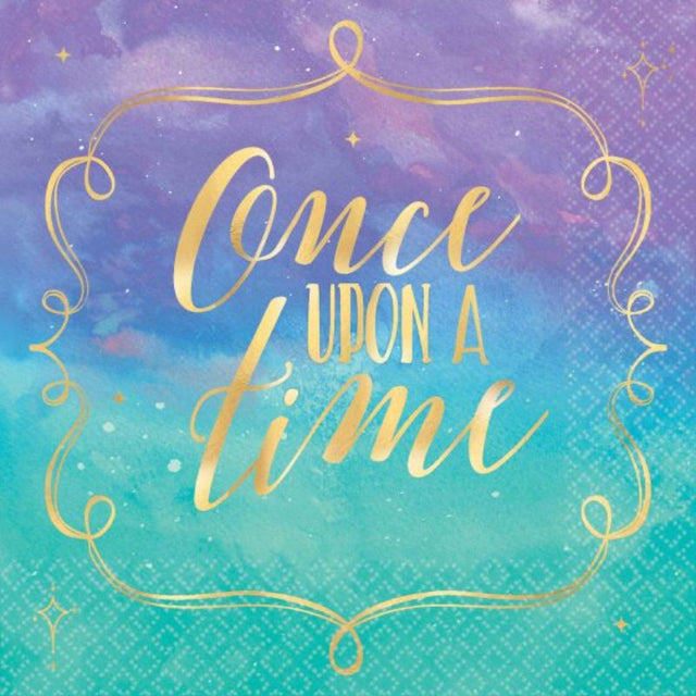 Set of 16 Disney Princess beverage napkins featuring charming hot stamped designs for enchanting party decor.