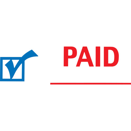 Xstamper Cx-Bn 2024 dual-color stamp in red and blue, marking documents as 'Paid' with an icon, efficient and eco-friendly.