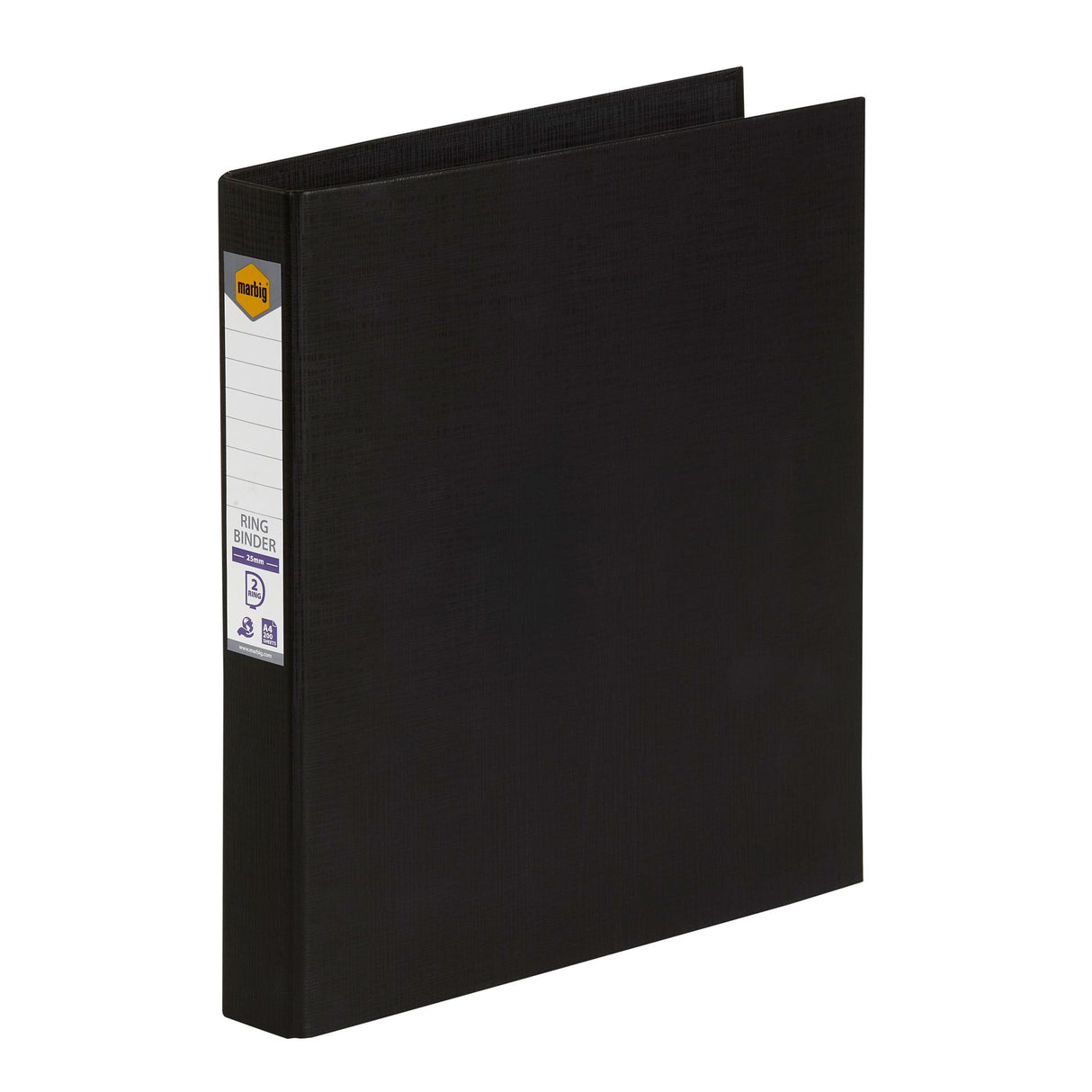 Pack of 6 black Marbig PE Linen Ring Binders, 25mm, eco-friendly, holds 200 sheets, with spine label for easy identification.