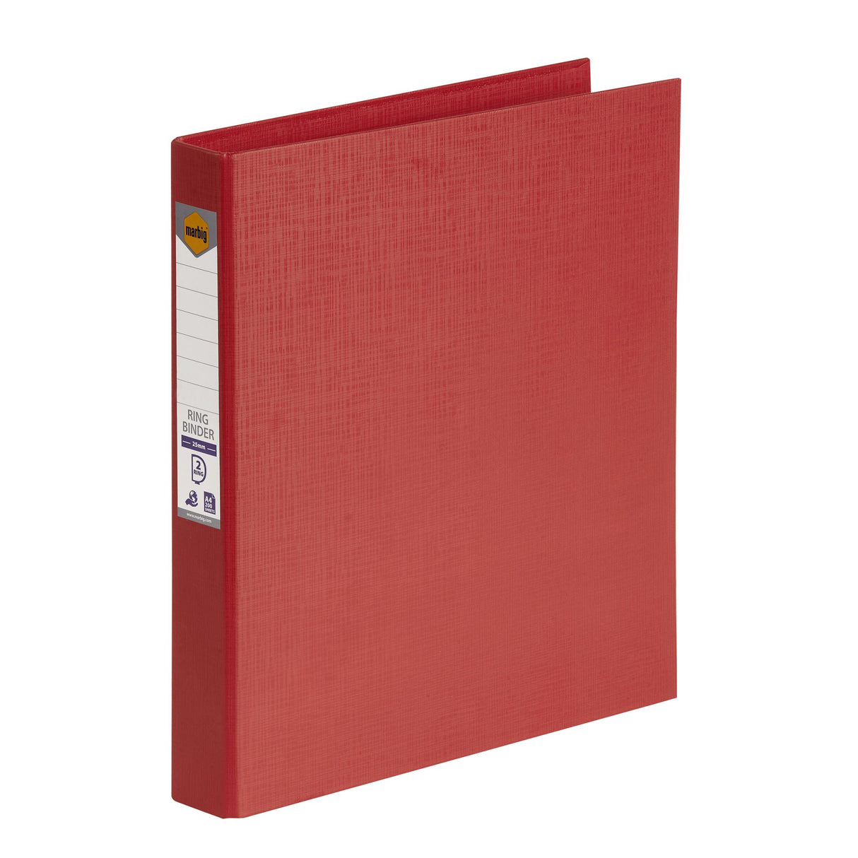 Red Marbig PE Linen Ring Binder 2D, 25mm, pack of 6, eco-friendly design, holds up to 200 sheets, ideal for organizing documents.