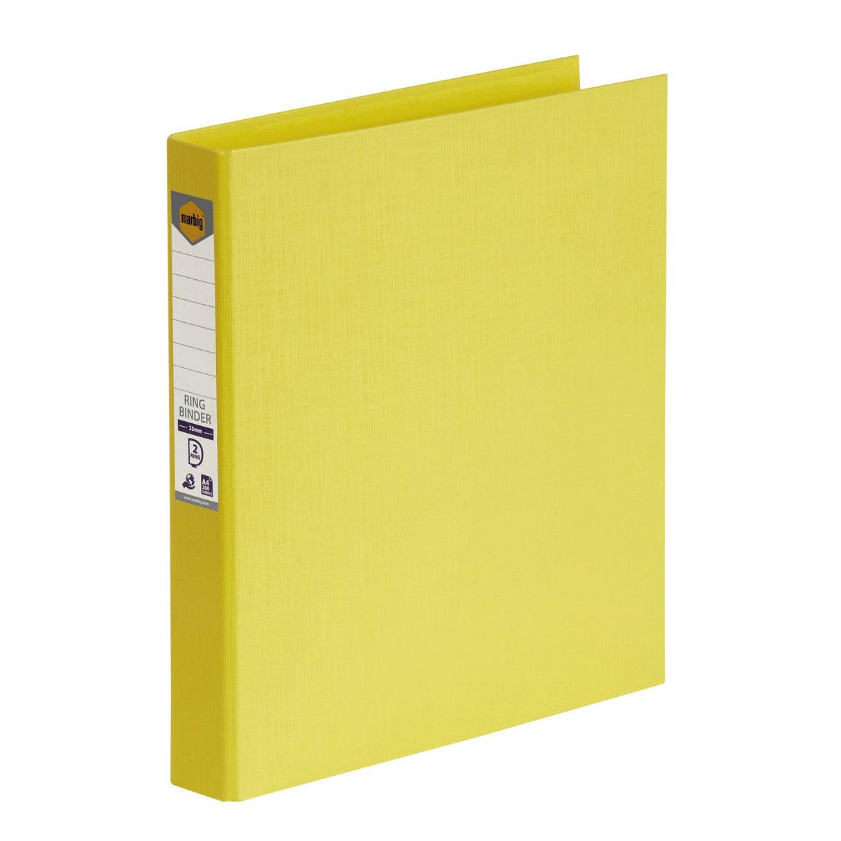 Bright yellow Marbig PE Linen Binders A4 2D, pack of 6, eco-friendly, holds 200 sheets, ideal for stylish document organization.