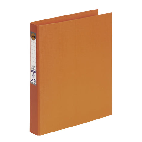 Vibrant orange 25mm PE ring binder with spine label, holds 200 sheets, eco-friendly and moisture-resistant.