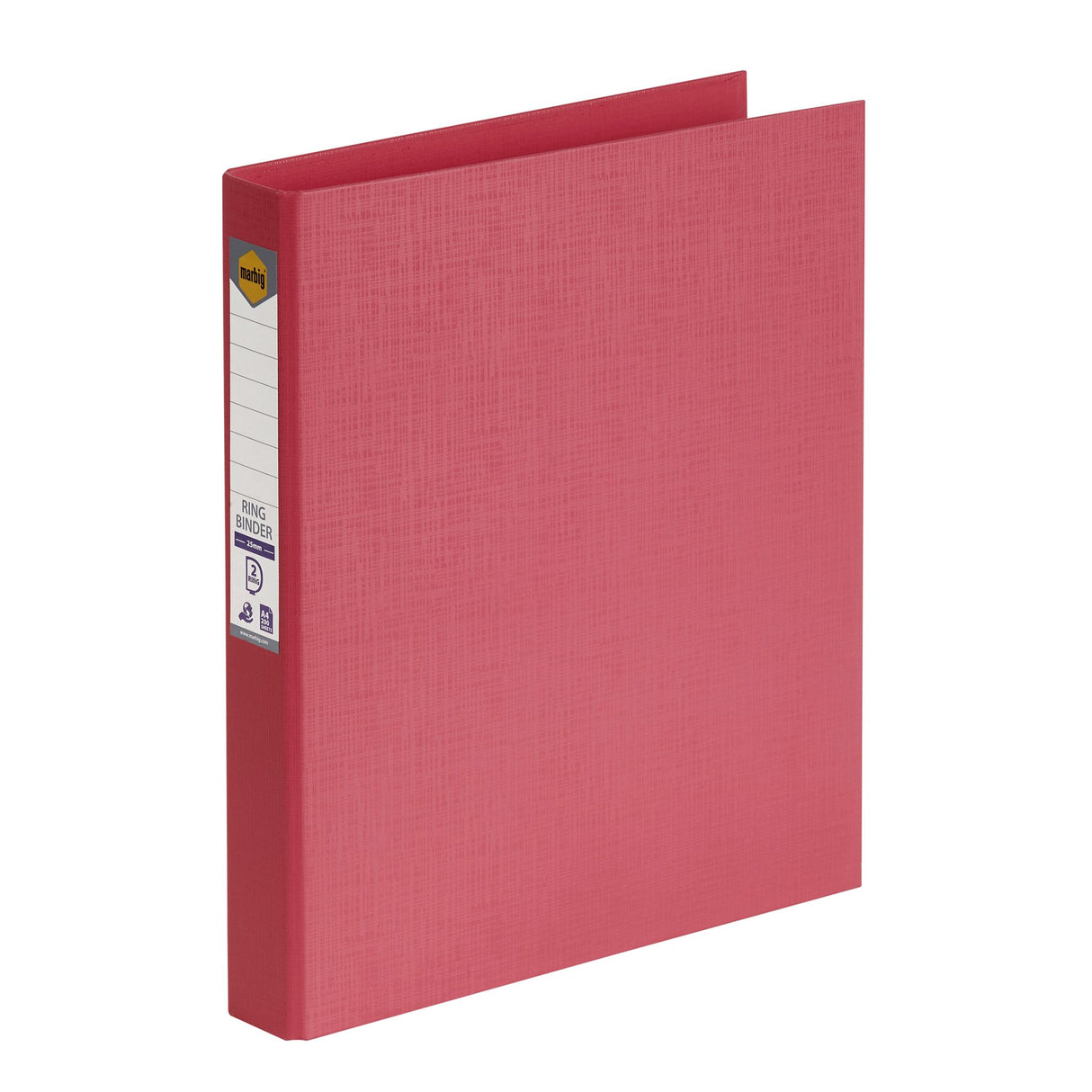 Pack of 6 coral Marbig PE Linen Ring Binders, eco-friendly, 25mm capacity, holds 200 sheets, includes spine label.