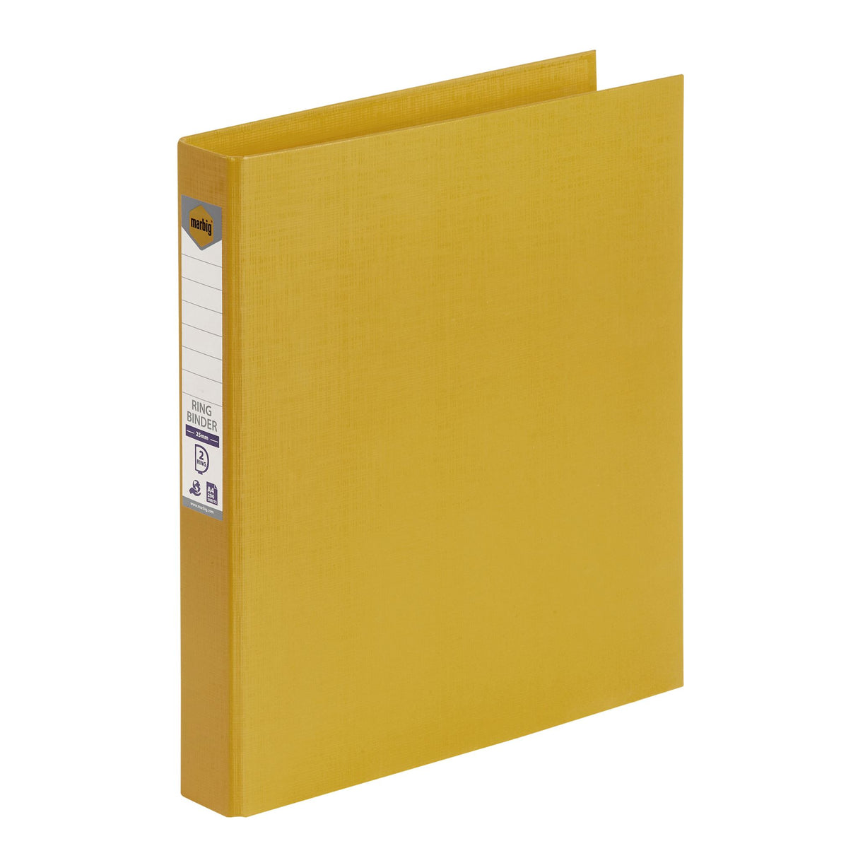 Bright yellow Marbig PE linen ring binders, eco-friendly, 25mm, pack of 6, holds 200 sheets, moisture-resistant design.