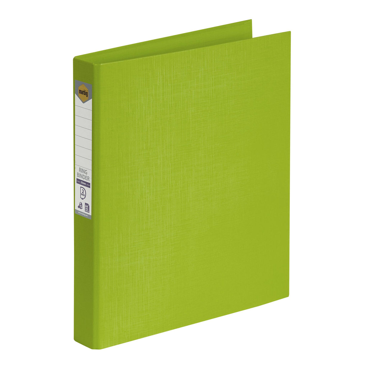Vibrant lime A4 ring binder with 25mm spine, eco-friendly, holds 200 sheets, ideal for stylish document organization.