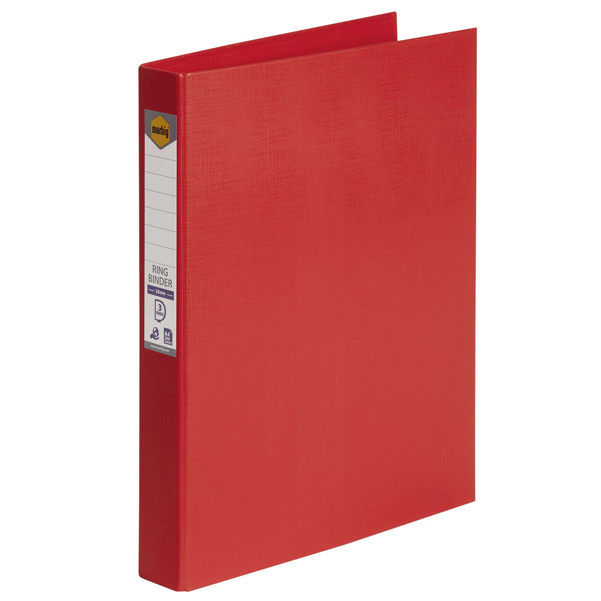 Vibrant red Marbig PE Linen Ring Binder 3D 25mm pack of 6, eco-friendly, durable, holds 200 sheets, with spine label for easy access.