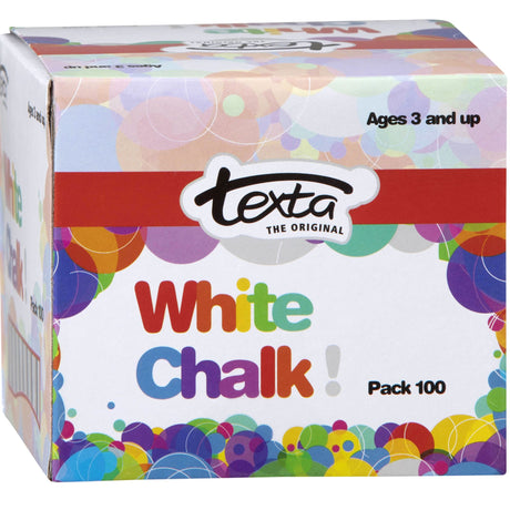 Texta Chalk White Pack 100, premium dust-free chalk for clean, vibrant writing on blackboards, ideal for classrooms and creativity.