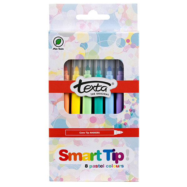 Texta Smart Tip Markers Pastel Pk8 featuring eight vibrant pastel shades, non-toxic ink, and precision control for artists.