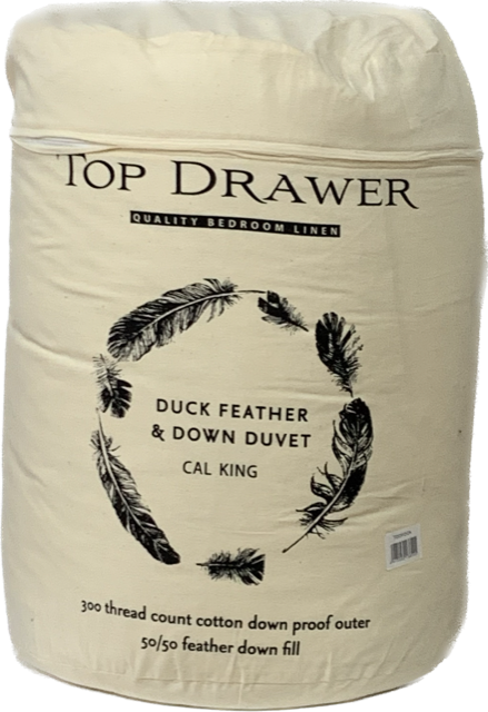 Top Drawer Feather Down Duvet Inner in Cali King size, crafted with 50/50 duck down and feathers for luxurious comfort.