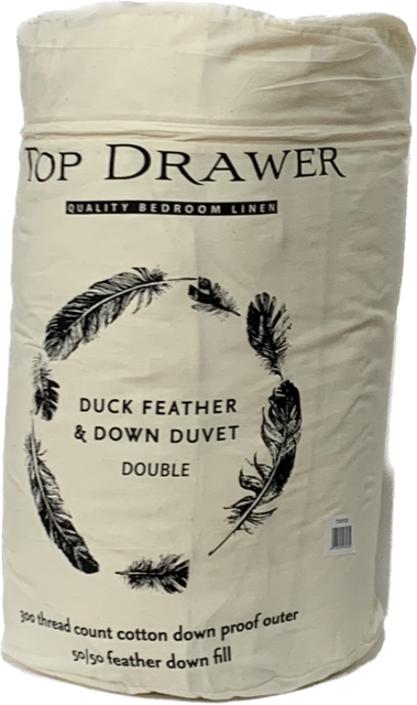 Luxurious Double size duvet inner with 50/50 feather down fill for optimal softness and warmth, featuring a 300TC cotton cover.
