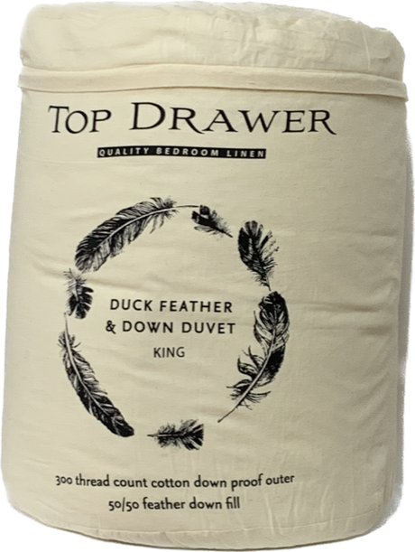 King size duvet inner made of 50% duck down and 50% feathers for comfort and warmth, designed for all seasons.