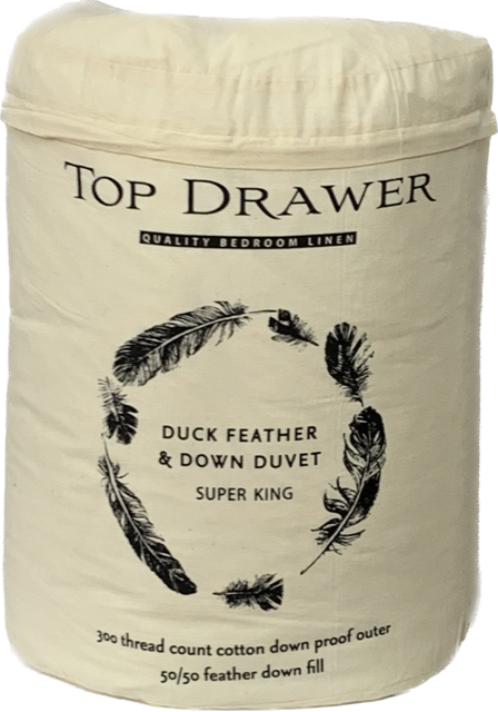 Top Drawer Super King Duvet Inner with 50% down, 50% feathers, 300 thread count cotton cover for luxurious comfort.