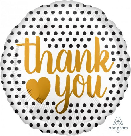 Self-sealing 45cm foil balloon with 'Thank You' message and modern dots design, perfect for celebrations.