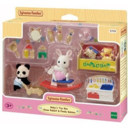 Colorful Sylvanian Families toy box with Snow Rabbit and Panda babies, including toys for creative play.