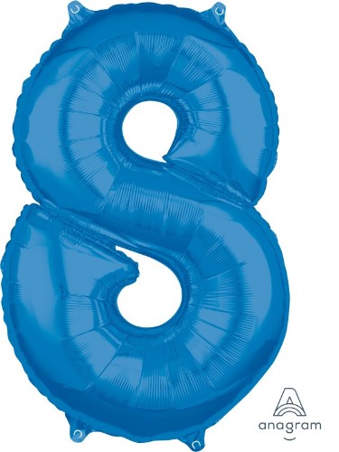 Vibrant blue mid-size numeral 8 balloon, perfect for celebrations and events, made from high-quality helium-holding material.