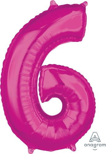 Pink mid-size numeral 6 balloon, perfect for birthdays and celebrations, made from durable materials for lasting vibrancy.