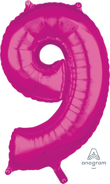 Mid-size pink foil balloon shaped like numeral 9, perfect for celebrations and themed decor.